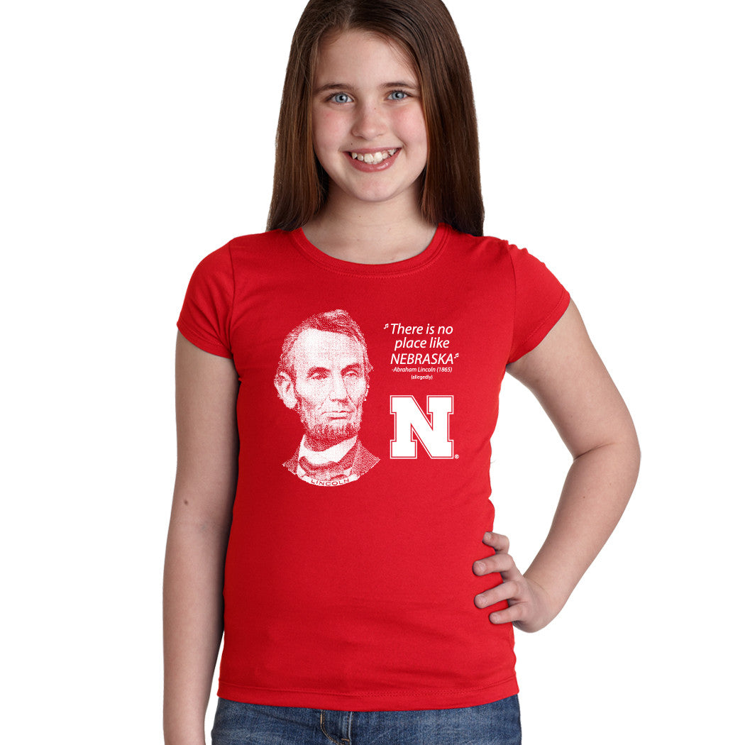 Abe Lincoln "No place like NEBRASKA" Huskers Youth Girls Tee Shirt
