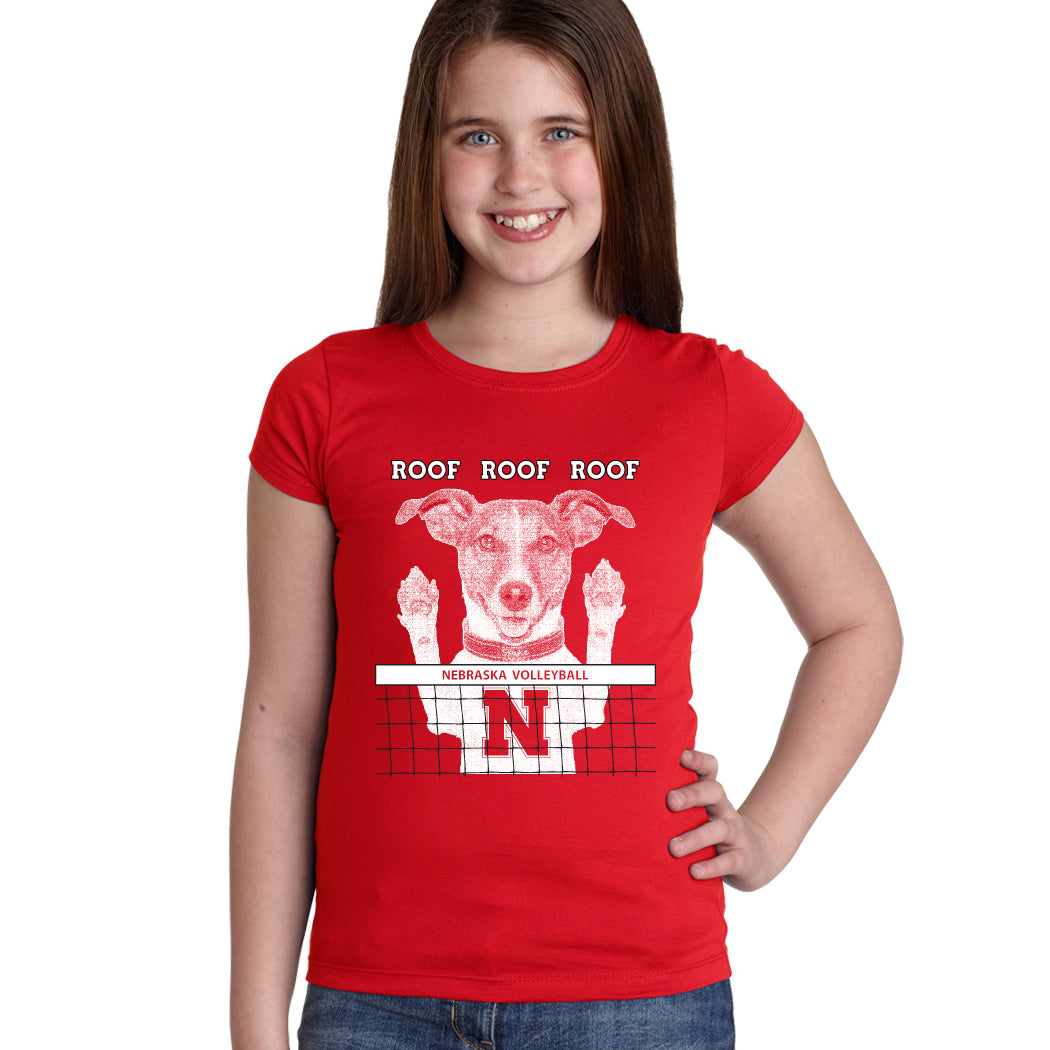 Nebraska Husker Volleyball Spike Dog ROOF ROOF ROOF Youth Girls Tee Shirt