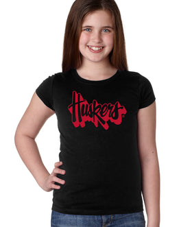 Nebraska Huskers Girls Tee Shirt - Red Script Huskers Outline