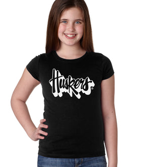 Nebraska Huskers Girls Tee Shirt - White Script Huskers Outline