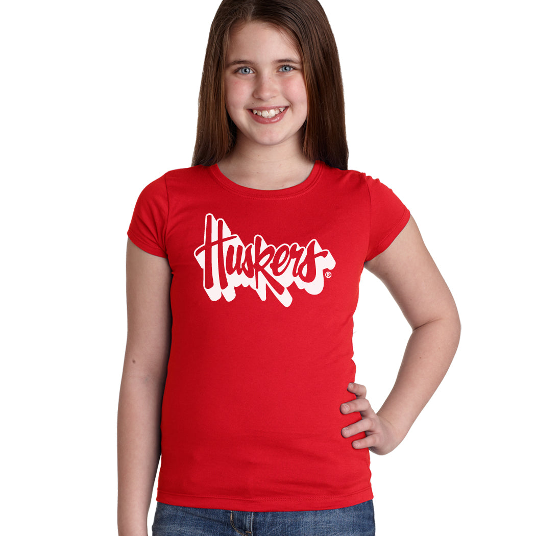 Nebraska Huskers Girls Tee Shirt - White Script Huskers Outline