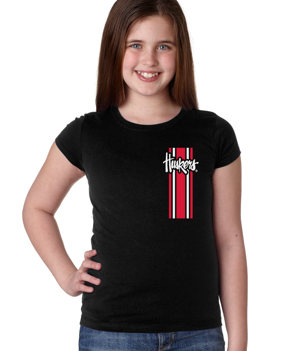 Nebraska Husker Youth Girls Tee Shirt - Vertical Stripe Script Huskers