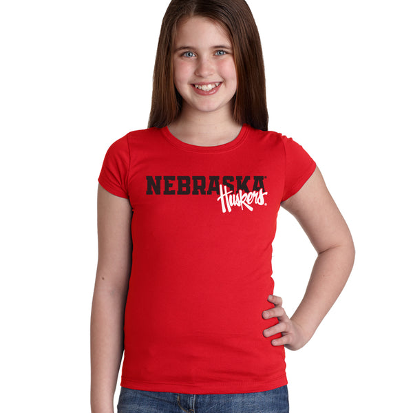 Nebraska Huskers Girls Tee Shirt - Script Huskers Overlap