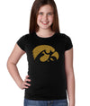 Iowa Hawkeyes Girls Tee Shirt - Tigerhawk Logo in Gold Glitter