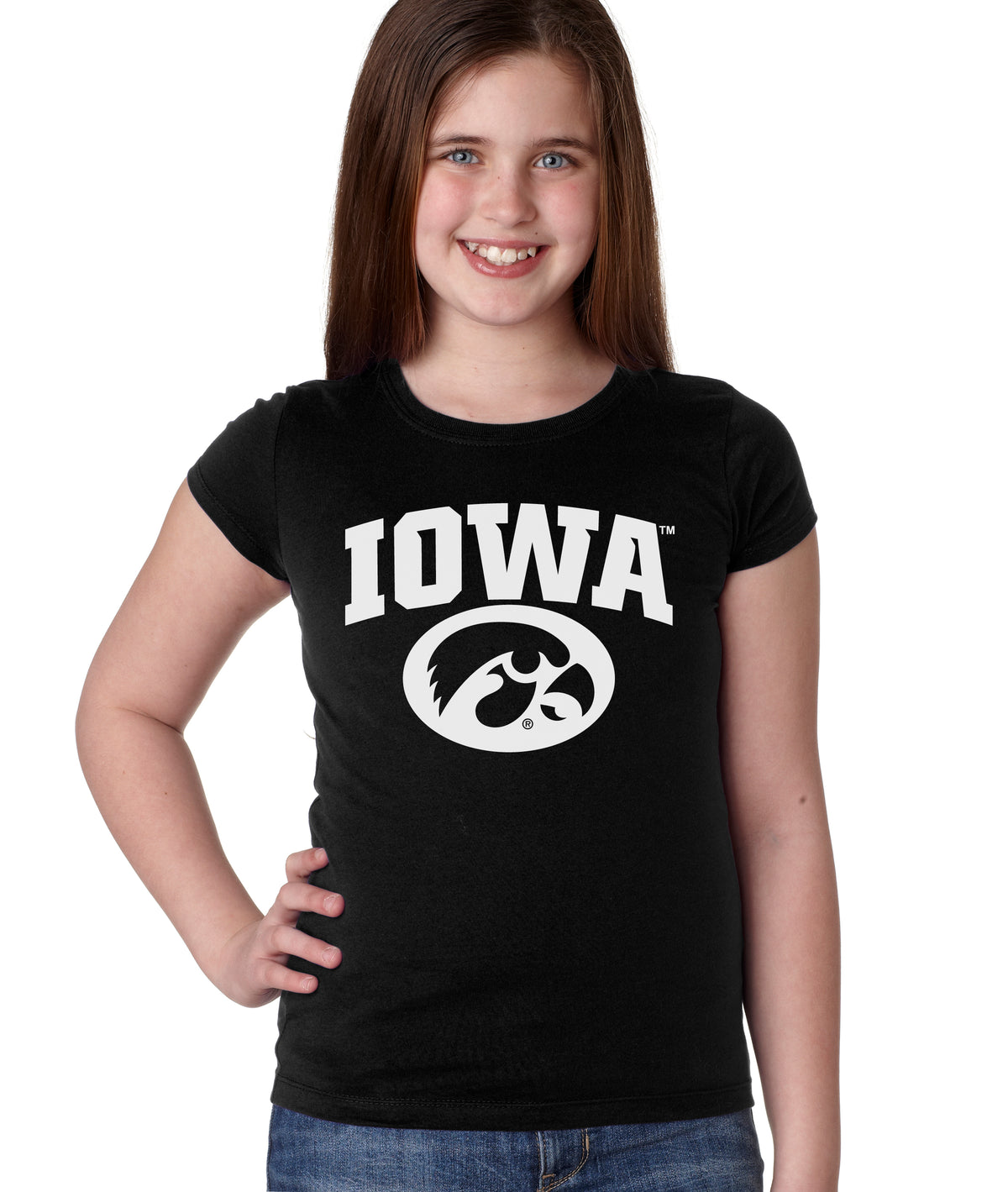 Iowa Hawkeyes Girls Tee Shirt - Arched IOWA with Tigerhawk Oval