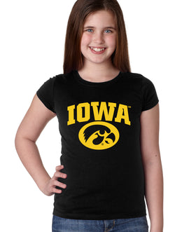 Iowa Hawkeyes Girls Tee Shirt - Arched IOWA with Tigerhawk Oval