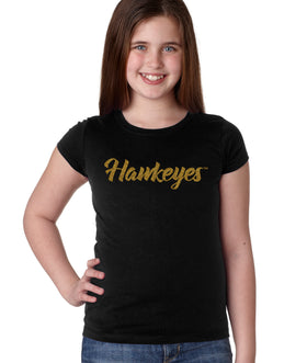 Iowa Hawkeyes Girls Tee Shirt - Script Hawkeyes in Gold Glitter