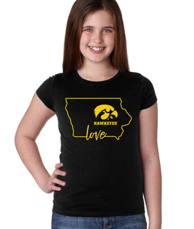 Iowa Hawkeyes Girls Tee Shirt - Hawkeyes Love State Outline