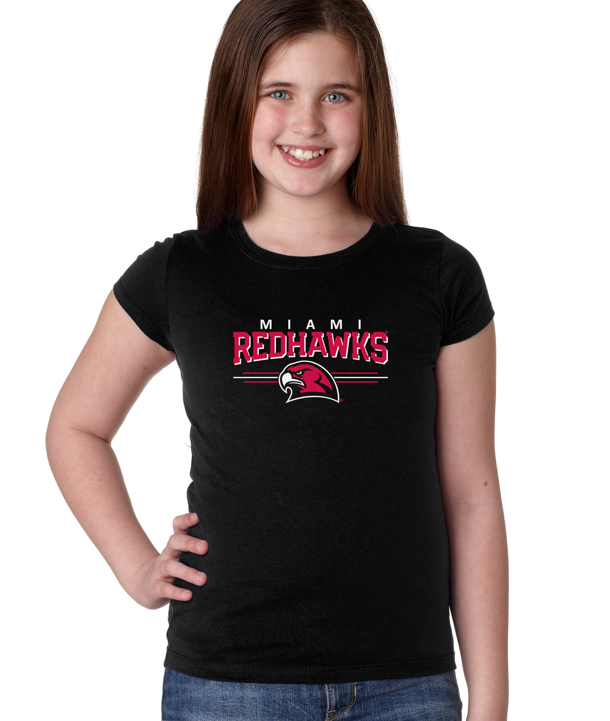 Miami University RedHawks Girls Tee Shirt - Hawk Head 3-Stripe