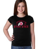 Utah Utes Girls Tee Shirt - U of U Arch with Circle Feather Logo