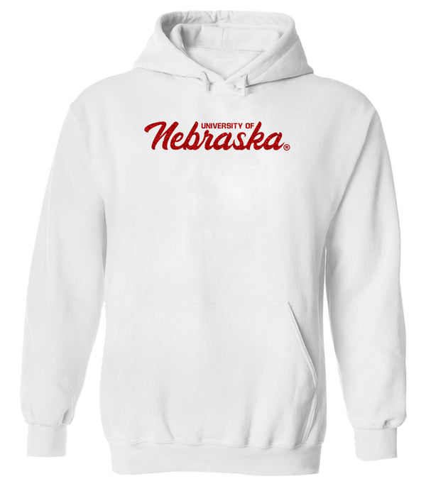 Women's Nebraska Huskers Hooded Sweatshirt - Red Glitter Sparkle Script Nebraska