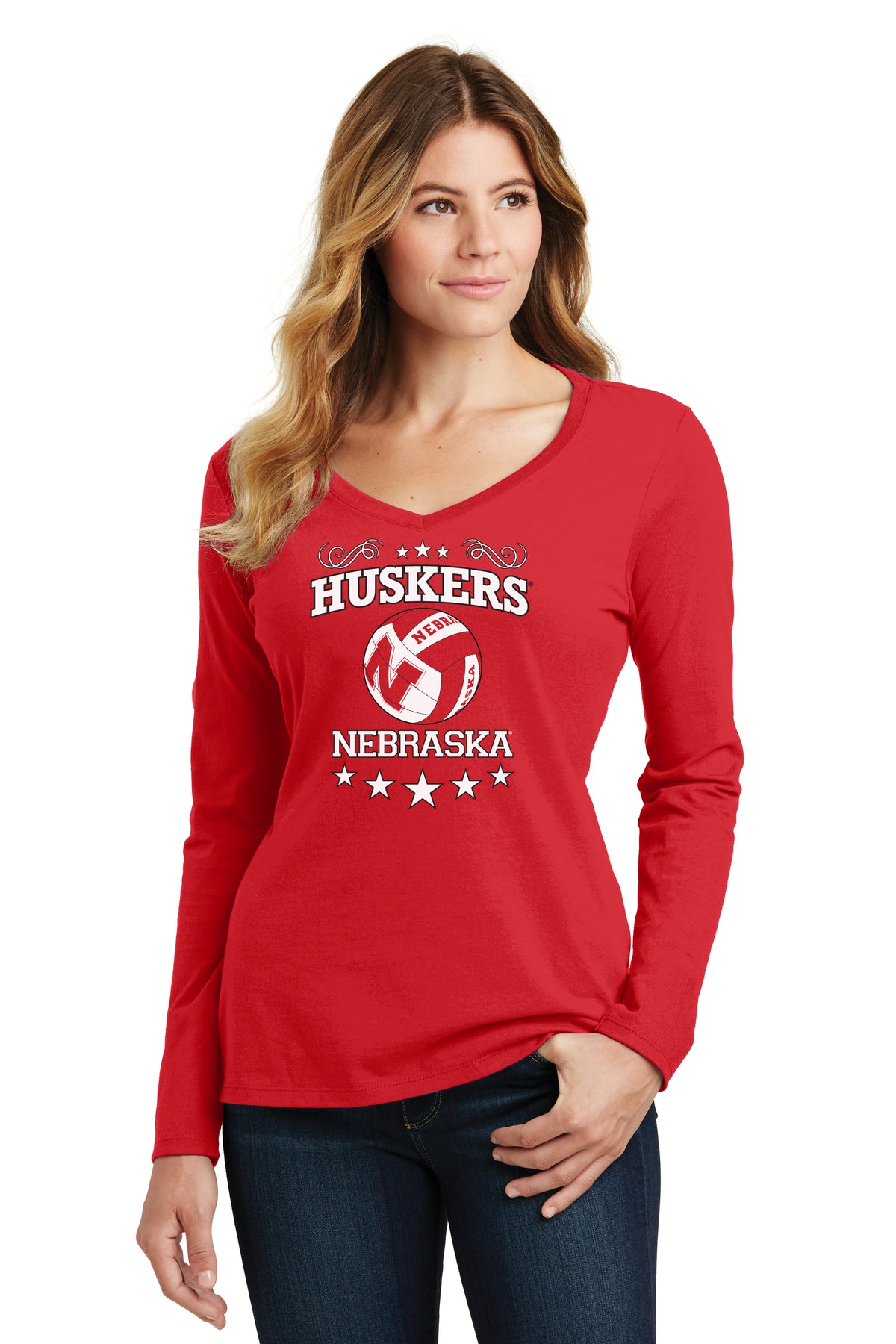 Women's Nebraska Huskers Long Sleeve V-Neck Tee Shirt - Cornhuskers Volleyball Stars