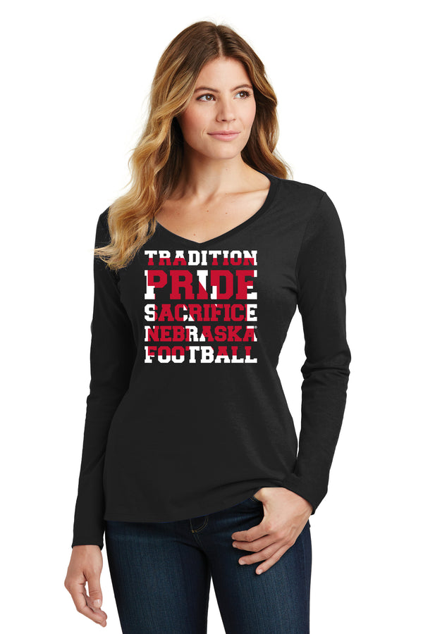 Women's Nebraska Huskers Long Sleeve V-Neck Tee Shirt - Football Tradition Pride Sacrifice