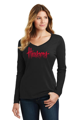Women's Nebraska Huskers Long Sleeve V-Neck Tee Shirt - Script Huskers Fade