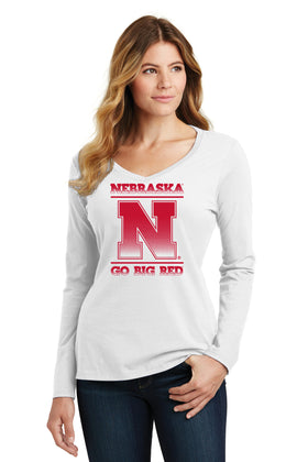 Women's Nebraska Huskers Long Sleeve V-Neck Tee Shirt - Nebraska N GO Big RED Fade