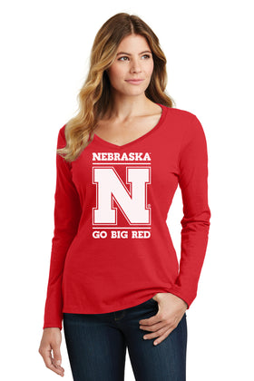 Women's Nebraska Huskers Long Sleeve V-Neck Tee Shirt - Nebraska N Go Big Red