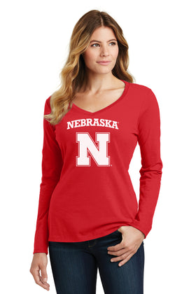 Women's Nebraska Huskers Long Sleeve V-Neck Tee Shirt - Nebraska Block N