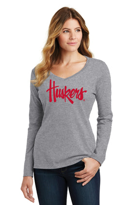 Women's Nebraska Huskers Long Sleeve V-Neck Tee Shirt - Legacy Script Huskers