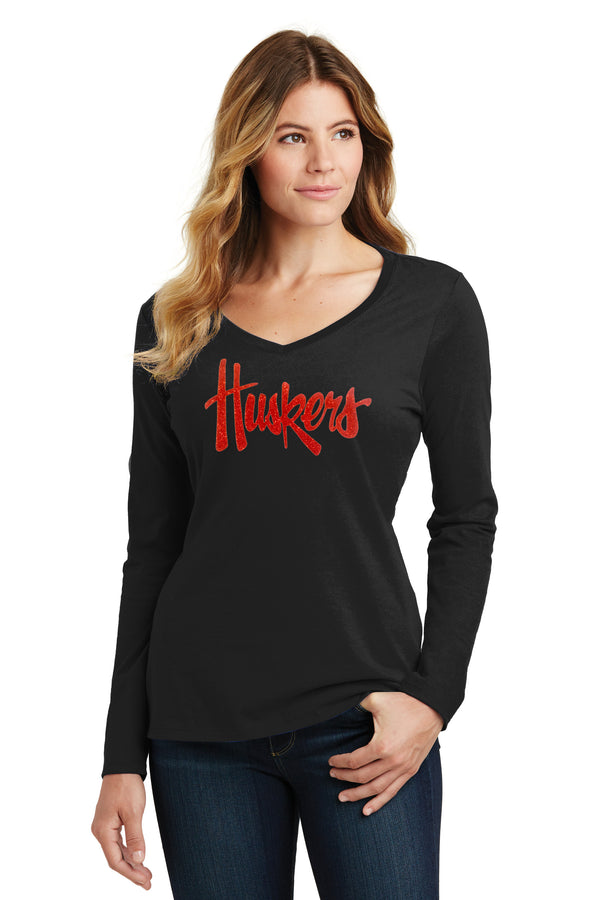 Women's Nebraska Huskers Long Sleeve V-Neck Tee Shirt - Legacy Script Glitter Huskers