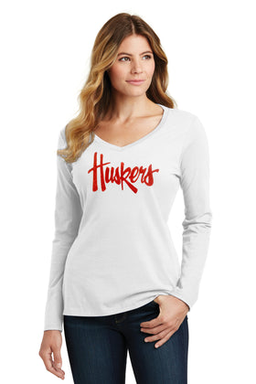 Women's Nebraska Huskers Long Sleeve V-Neck Tee Shirt - Legacy Script Glitter Huskers