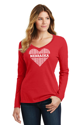 Women's Nebraska Huskers Long Sleeve V-Neck Tee Shirt - Nebraska GO Big RED Heart