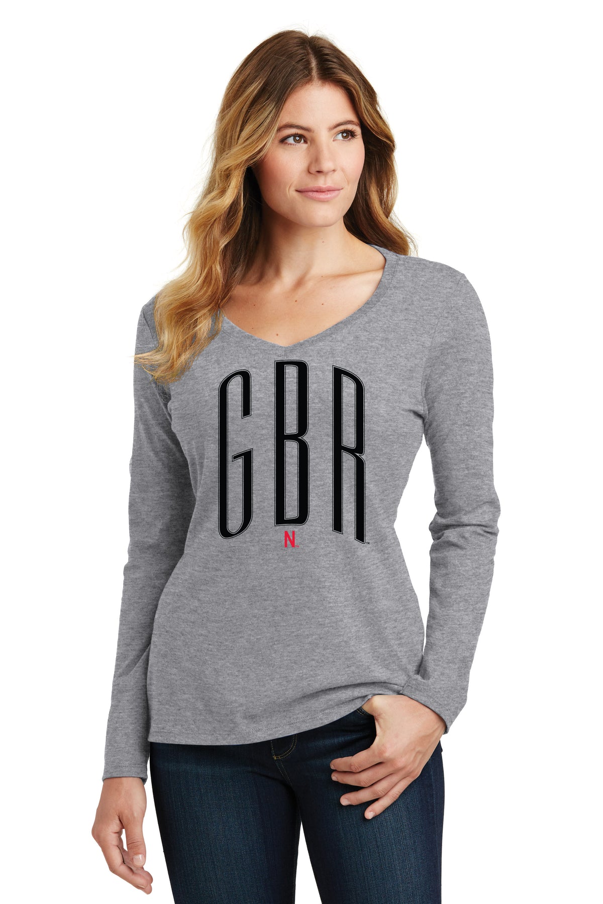 Women's Nebraska Huskers Long Sleeve V-Neck Tee Shirt - Black GBR