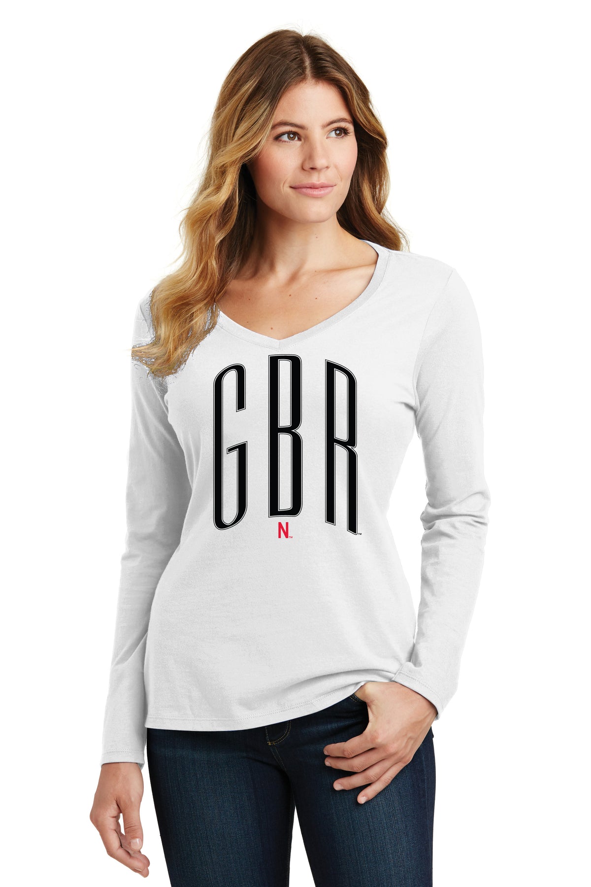 Women's Nebraska Huskers Long Sleeve V-Neck Tee Shirt - Black GBR