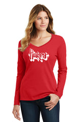 Women's Nebraska Huskers Long Sleeve V-Neck Tee Shirt - White Script Huskers Outline