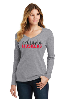 Women's Nebraska Huskers Long Sleeve V-Neck Tee Shirt - Script Nebraska Block Huskers