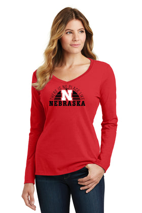 Women's Nebraska Huskers Long Sleeve V-Neck Tee Shirt - No Place Like Nebraska