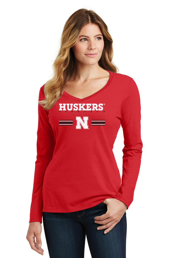 Women's Nebraska Huskers Long Sleeve V-Neck Tee Shirt - Huskers Stripe Block N