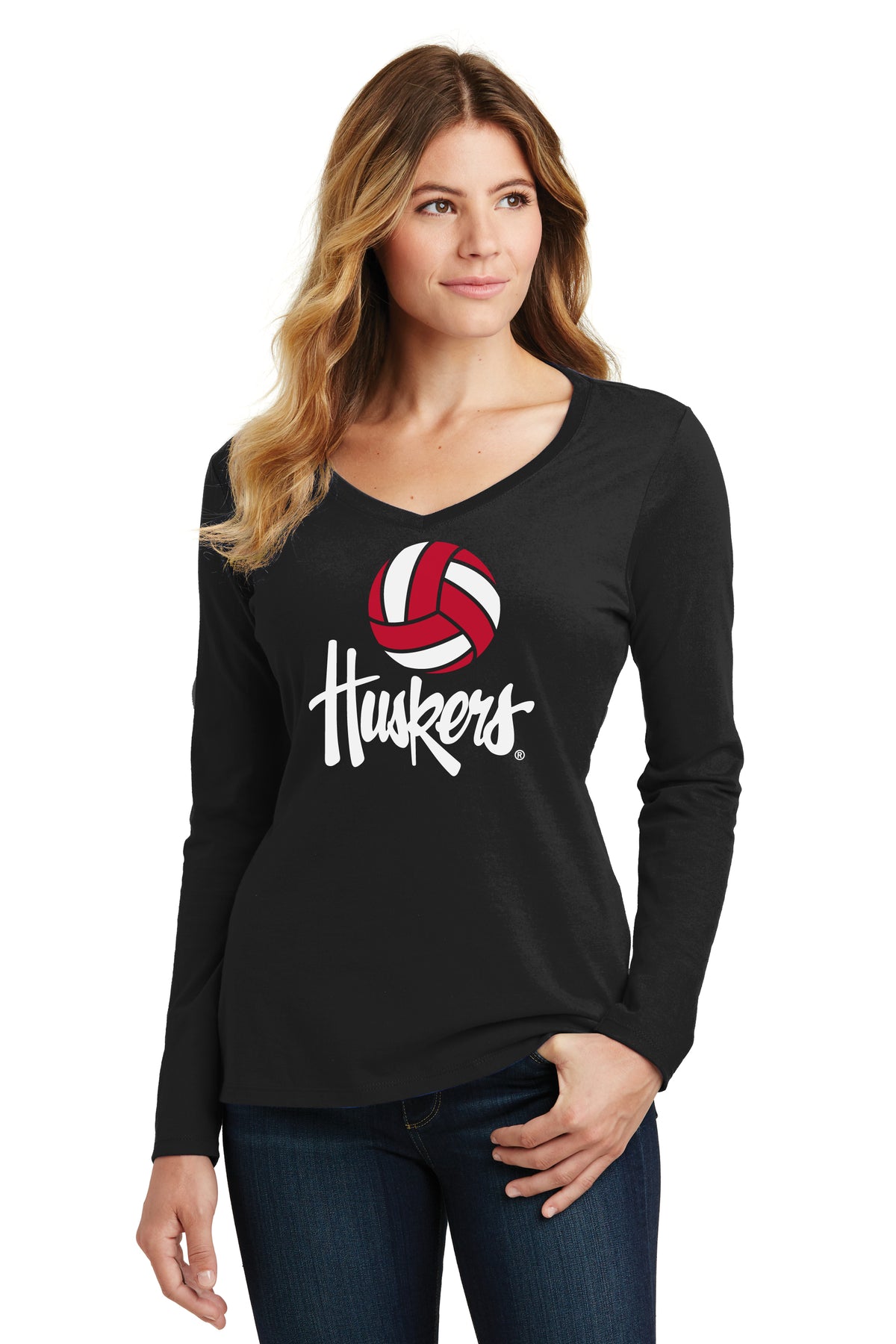 Women's Nebraska Huskers Long Sleeve V-Neck Tee Shirt - Nebraska Volleyball Legacy Script Huskers