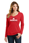 Women's Nebraska Huskers Long Sleeve V-Neck Tee Shirt - University of Nebraska Huskers N