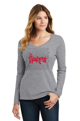 Women's Nebraska Huskers Long Sleeve V-Neck Tee Shirt - Script Huskers Overlay