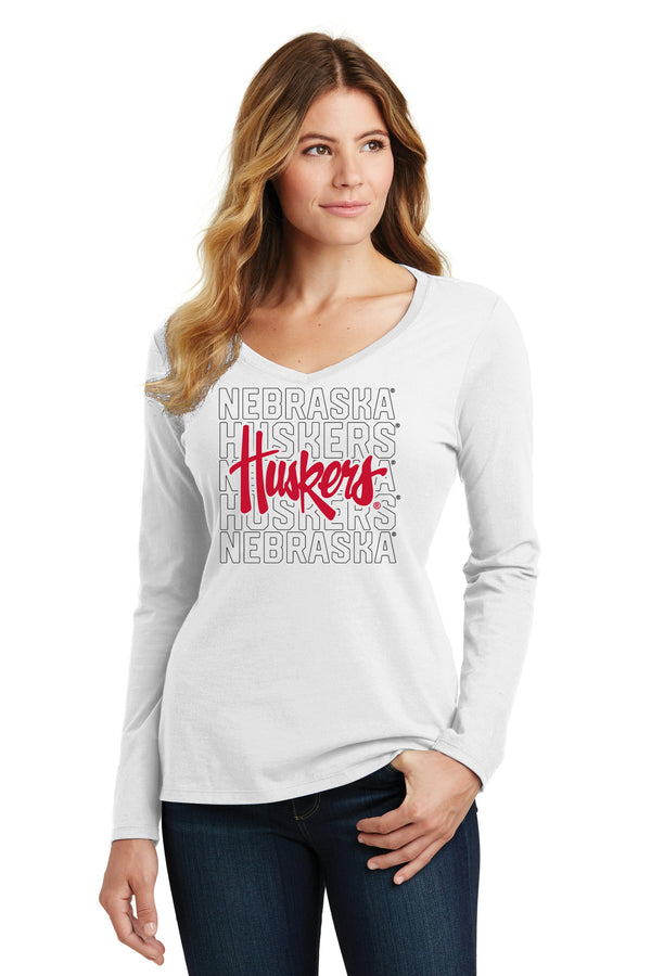 Women's Nebraska Huskers Long Sleeve V-Neck Tee Shirt - Script Huskers Overlay