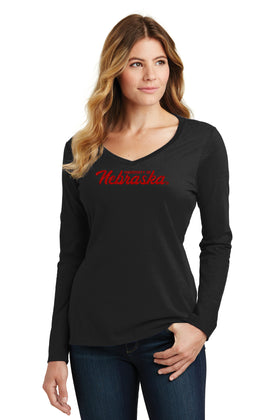 Women's Nebraska Huskers Long Sleeve V-Neck Tee Shirt - Red Glitter Sparkle Script Nebraska