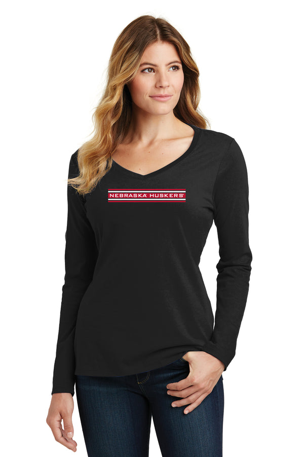 Women's Nebraska Huskers Long Sleeve V-Neck Tee Shirt - Nebraska Huskers Horiz Stripe