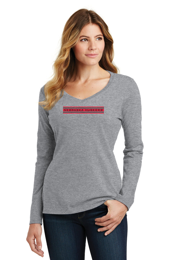 Women's Nebraska Huskers Long Sleeve V-Neck Tee Shirt - Nebraska Huskers Horiz Stripe