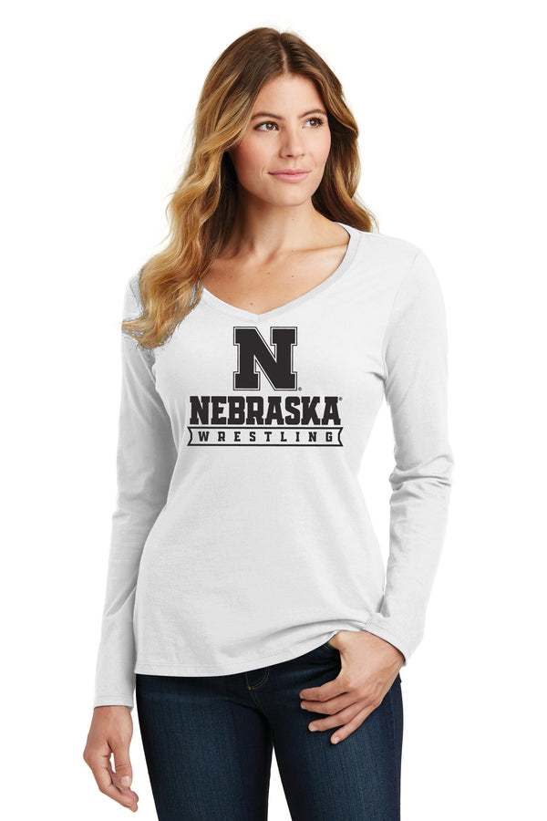 Women's Nebraska Huskers Long Sleeve V-Neck Tee Shirt - Nebraska Wrestling Black Ink