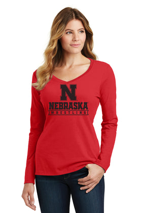 Women's Nebraska Huskers Long Sleeve V-Neck Tee Shirt - Nebraska Wrestling Black Ink