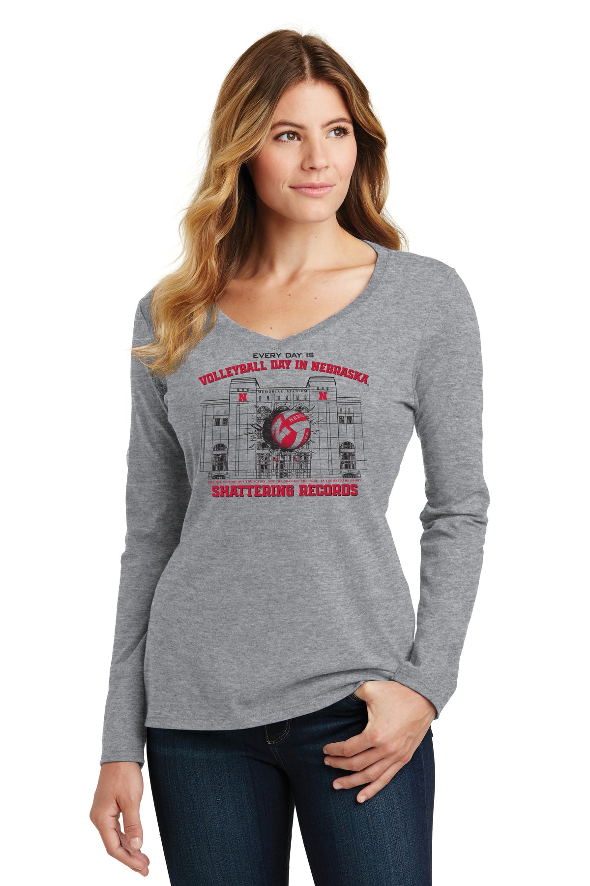 Women's Nebraska Huskers Long Sleeve V-Neck Tee Shirt - Volleyball Day in Nebraska