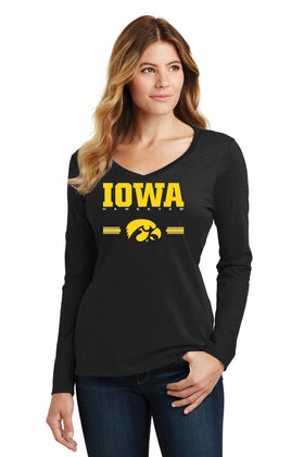 Women's Iowa Hawkeyes Long Sleeve V-Neck Tee Shirt - Iowa Hawkeyes Horizontal Stripe