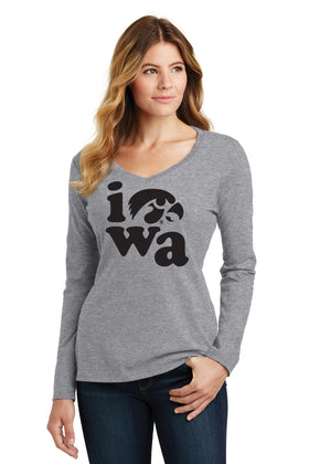 Women's Iowa Hawkeyes Long Sleeve V-Neck Tee Shirt - Iowa Stacked