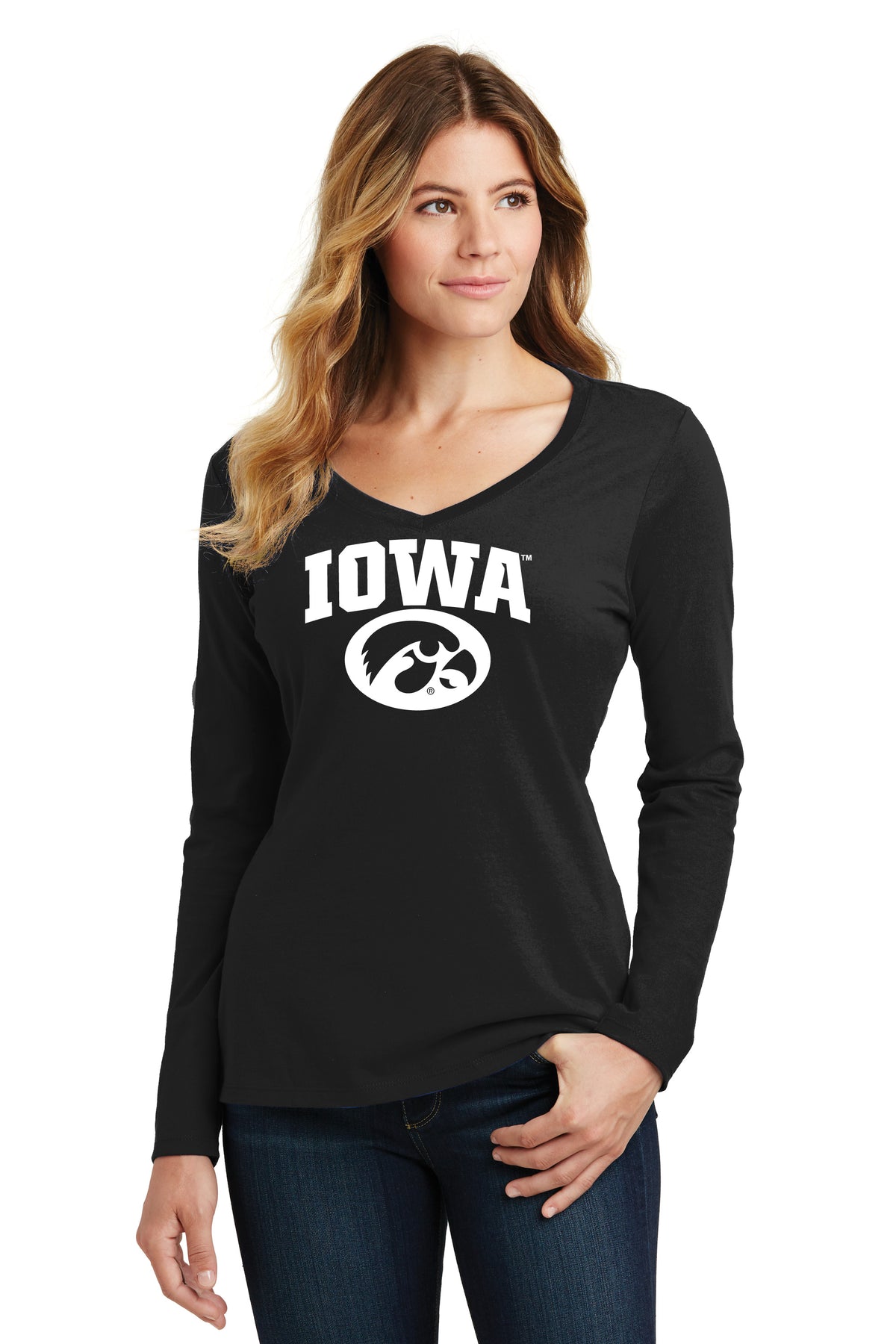 Women's Iowa Hawkeyes Long Sleeve V-Neck Tee Shirt - Arched Iowa with Tigerhawk Oval