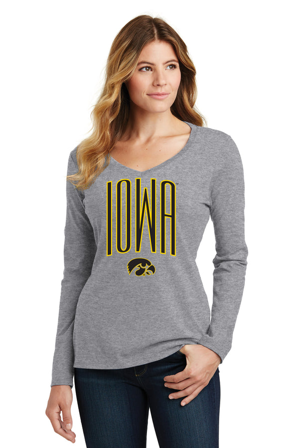 Women's Iowa Hawkeyes Long Sleeve V-Neck Tee Shirt - Iowa Arch with Tigerhawk