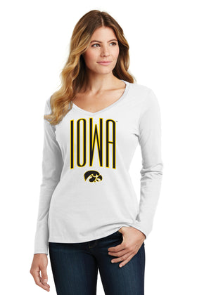 Women's Iowa Hawkeyes Long Sleeve V-Neck Tee Shirt - Iowa Arch with Tigerhawk