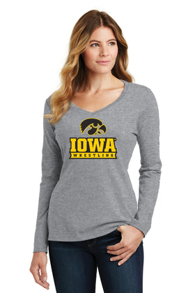 Women's Iowa Hawkeyes Long Sleeve V-Neck Tee Shirt - Iowa Wrestling Black and Gold