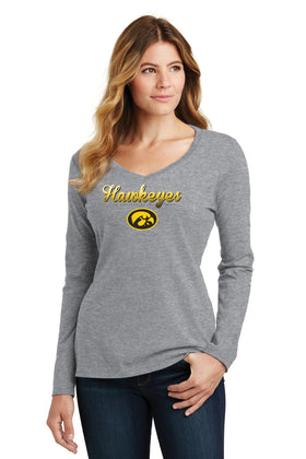 Women's Iowa Hawkeyes Long Sleeve V-Neck Tee Shirt - Script Hawkeyes Full Color Fade Oval Tigerhawk