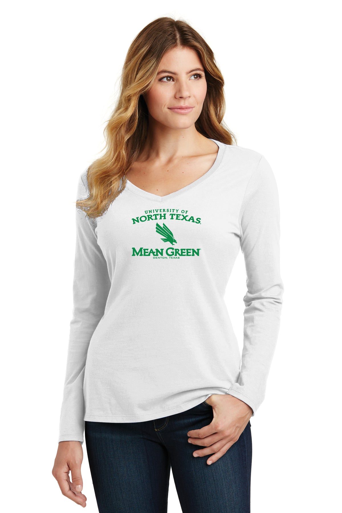 Women's North Texas Mean Green Long Sleeve V-Neck Tee Shirt - North Texas Arch Primary Logo