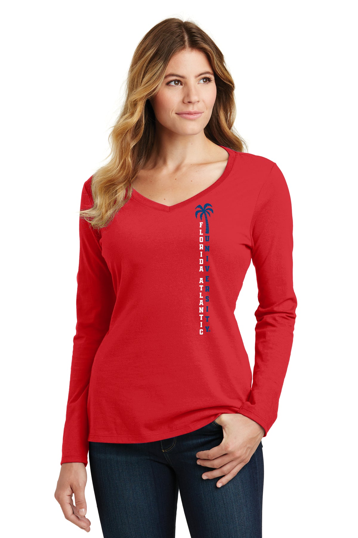 Women's Florida Atlantic Owls Long Sleeve V-Neck Tee Shirt - FAU Vertical Palm Tree